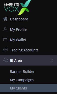 IB Area sidebar expanded with My Clients highlighted